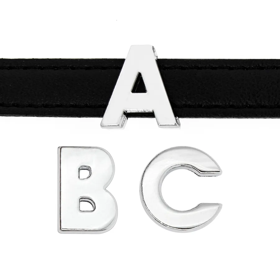 10mm Plain Slide letter A-Z zilver kleur chroom diy charms Engels alfabet geschikt voor 10MM lederen polsbandje sleutelhangers326k
