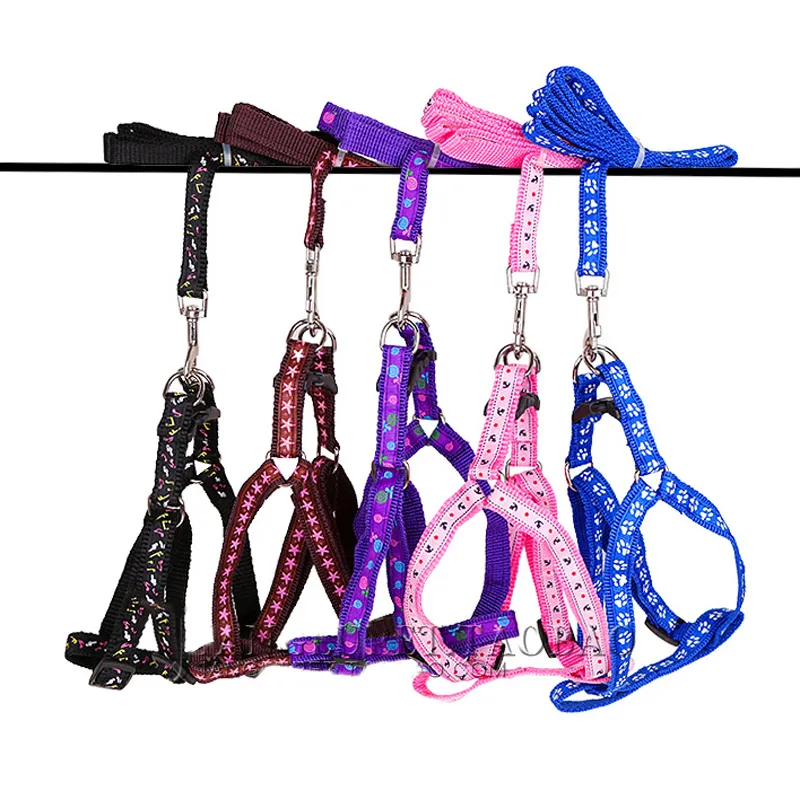 Small Dog Pet Puppy Cat Adjustable Nylon Harness with Lead leash Multi-colors Patch Printed Collar Halter Harness Leas 2271U