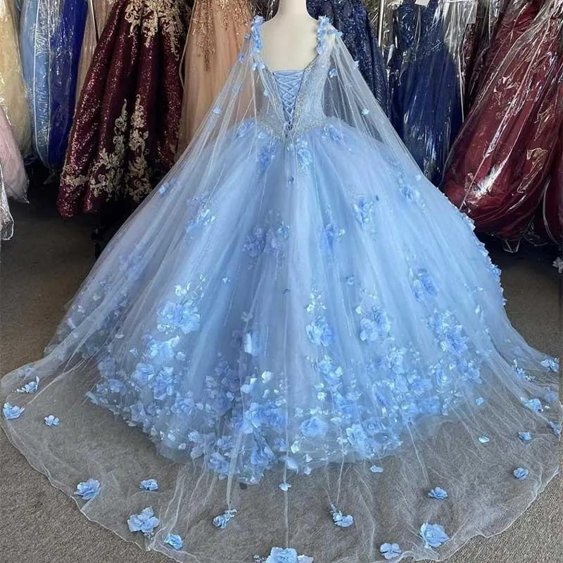 Vestido de baile azul cielo claro, vestidos de quinceañera, vestidos de novia con manga de capa, vestido dulce 16, vestidos de xv a os anos265d 2021