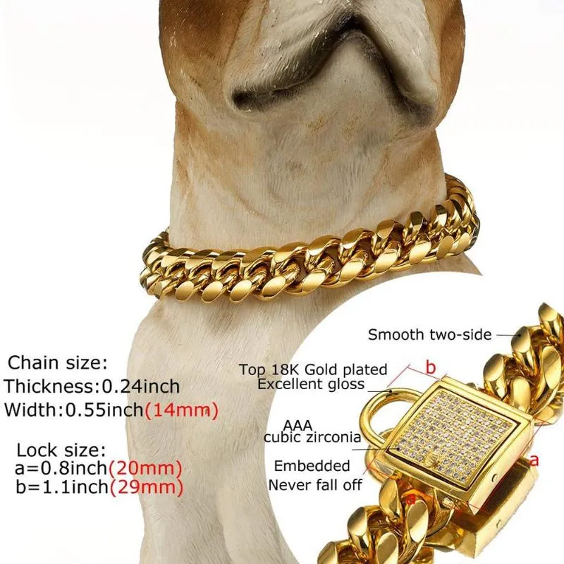 Ошейник для домашних животных из нержавеющей стали, золотой бордюр для собак, кубинская цепочка, тренировочное прогулочное ожерелье для маленьких и больших собак1222b