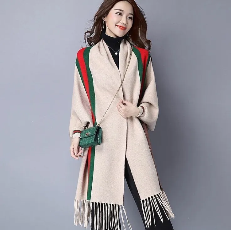 Shawl Winter Fashion Warm Striped Ponchos And Capes For Women Oversized Shawls And Wraps Cardigan Pashmina Female Bufanda Mujer Y2307y