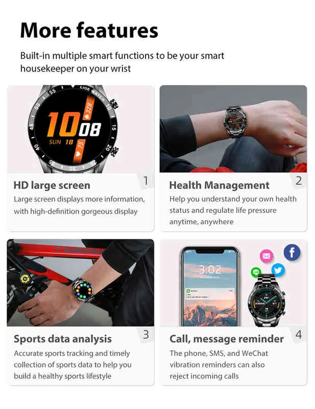 Lige 2021 Neue Luxusmarke Herren Uhren Stahlband Fitness Watch Heart Frequenz Blutdruck Aktivität Tracker Smart Watch für MEN2716139367