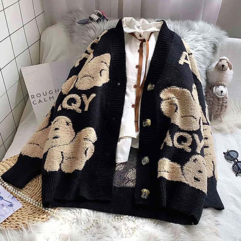 Autumn Winter Women Cardigan Jacket 2021 Cartoon Print Loose Sweater Coat v Neck Letter Knitted Woman Clothes