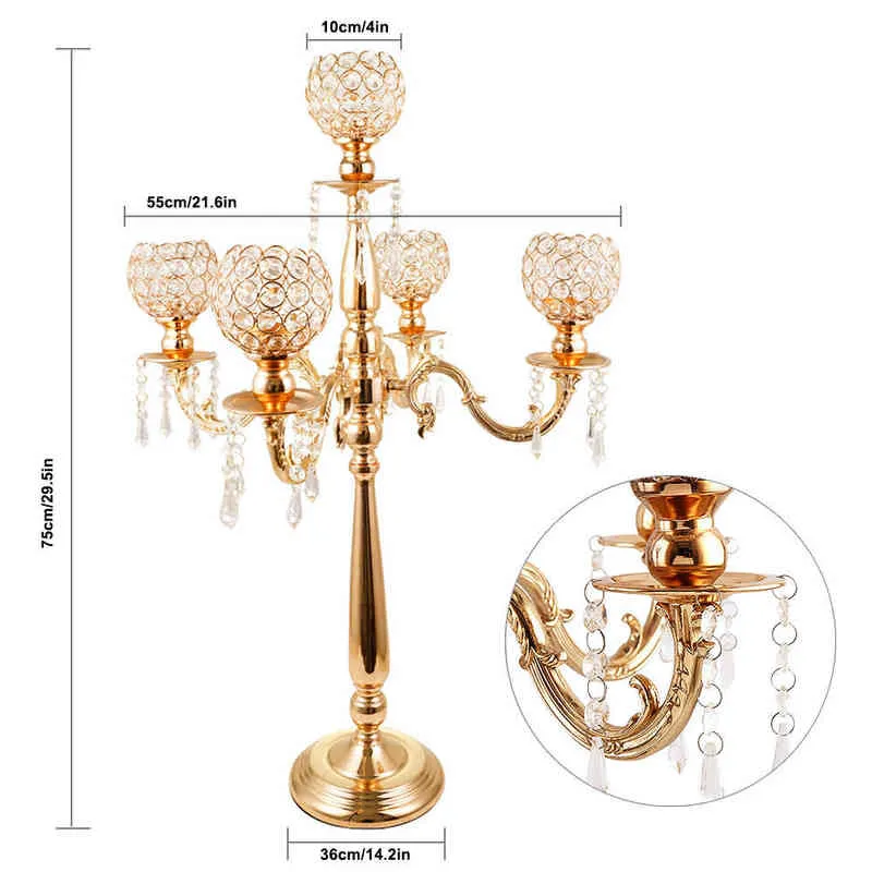 Candelabros de metal com 5 braços, decoração para casa, peças centrais de mesa, castiçais de cristal para festa de casamento, 220208230v