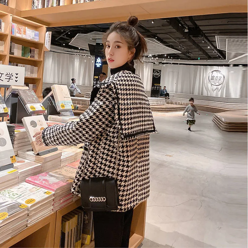 벨라 철학 여성 체크 무늬 트위드 쇼트 코트 레이디 한국어 포켓 모직 자켓 Outwear 여성 칼라 짧은 코트 201218