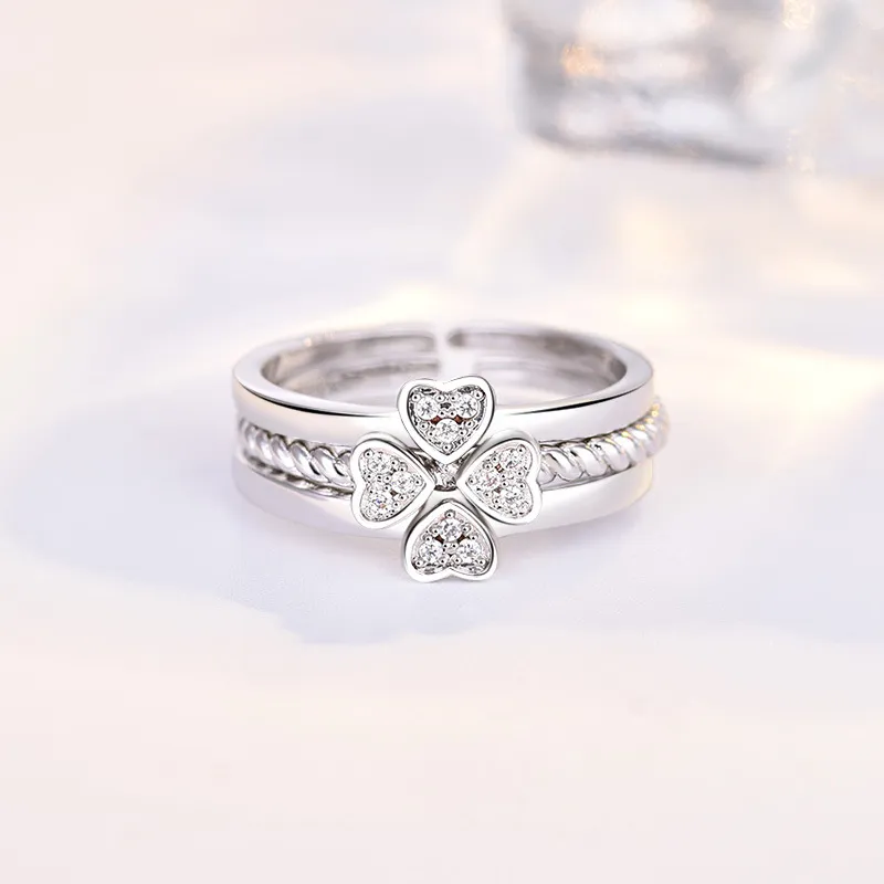 Fashion Jewelry Ring Creative Four-Leaf Clover Ring For Women Split Three-In-One Combination Opening Ring Adjustable Size gift J152