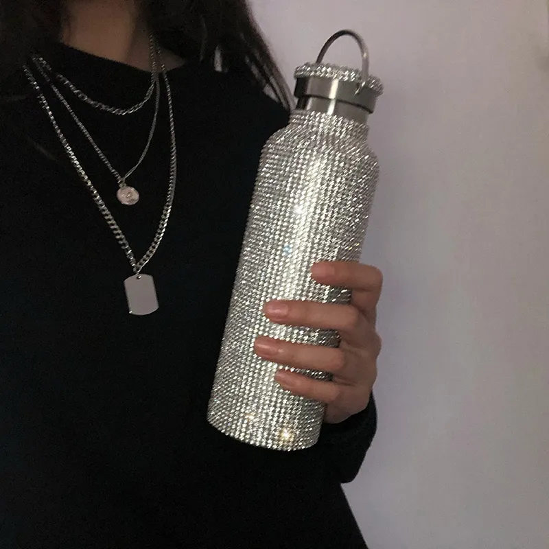 Köpüklü üst düzey yalıtımlı şişe bling rhinestone paslanmaz çelik termal şişe elmas termo gümüş su şişesi kapaklı 20201f