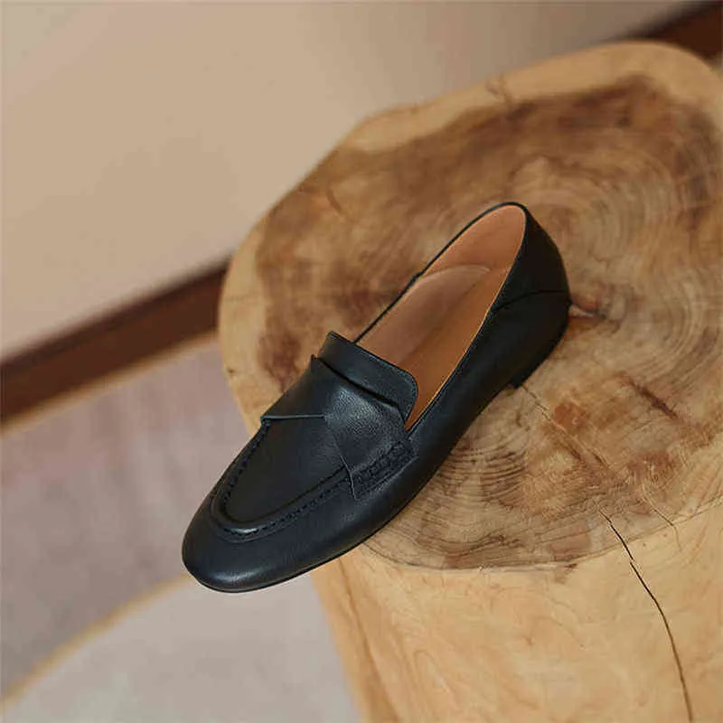 Meotina Chaussures Plates en Cuir pour Femmes Tête Ronde Mode Décontractée Noir et Beige Printemps 2 9
