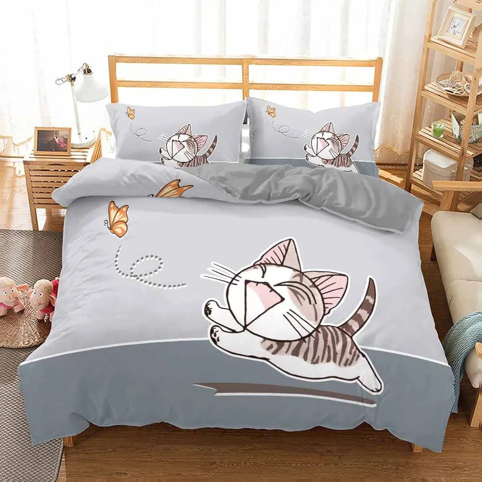 Ensemble de literie de bande dessinée 3D pour enfants enfants ensemble de couverture de lit en lin Anime housse de couette imprimé chat filles garçon conception unique pas de draps de lit 2013325059