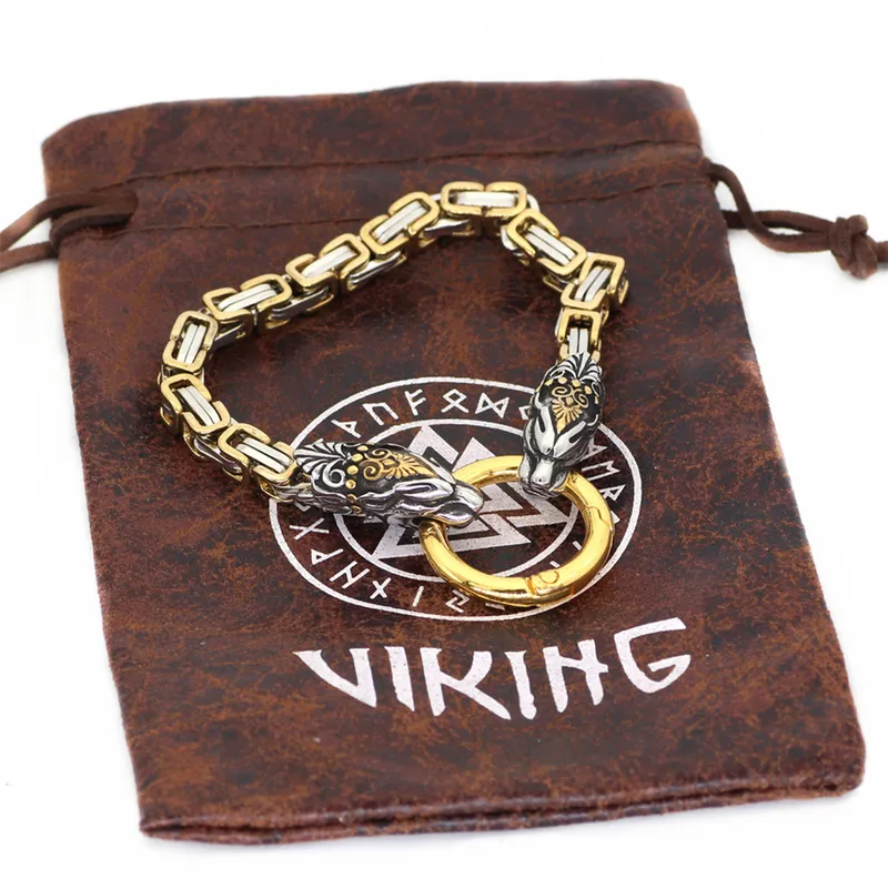 Never Fade Viking Dragon Head Bracelets Men Gold Stainless Steel King Chain Wristband Nordic Amulet Punk Male Jewelry Gift 2202222220537