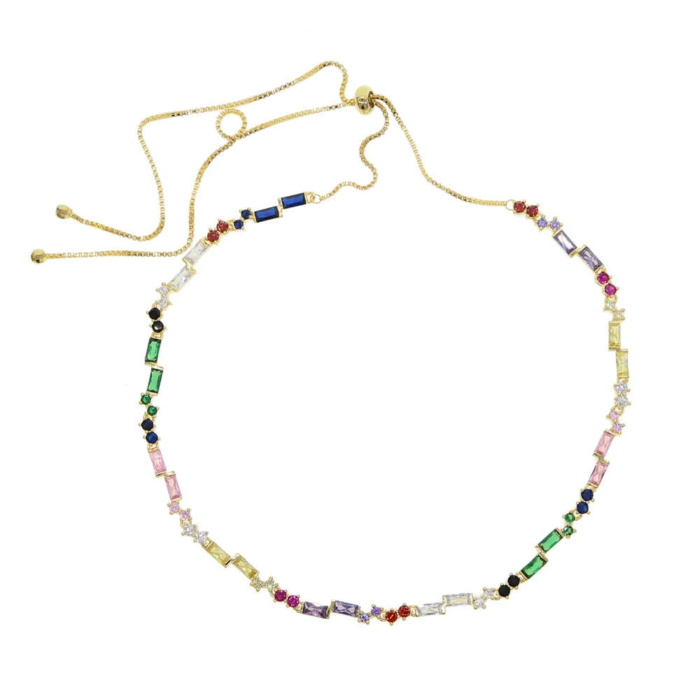 rainbow cz choker necklace gold color adjusted box chain multi layer new fashion collar chain Y200730