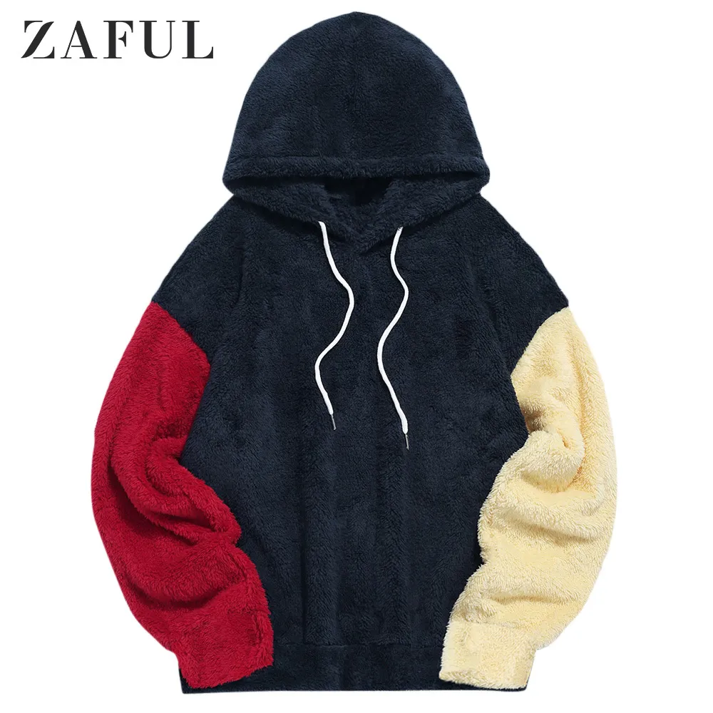 Zaful höst män fuzzy hoodies splicing drawstring långärmad hooded tröja utomhus casual teddy pullovers print patchwork c1117