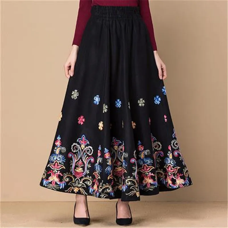 Czarny fliblower haftowany wełniany maxi spódnica kobiety eleganckie wysoką talię swobodne spódnice mama moda spódnica plus size