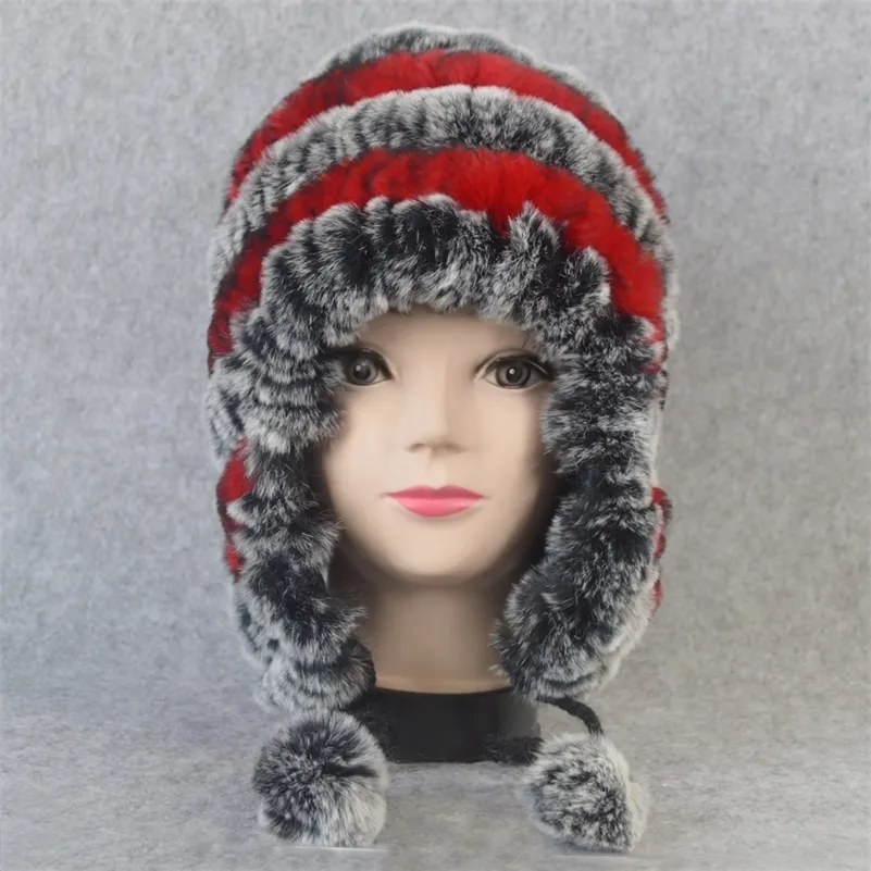 Inverno russo real earflap chapéu feminino malha genuíno crânios boné diy quente macio rex pele de coelho gorros bonés y201024254h