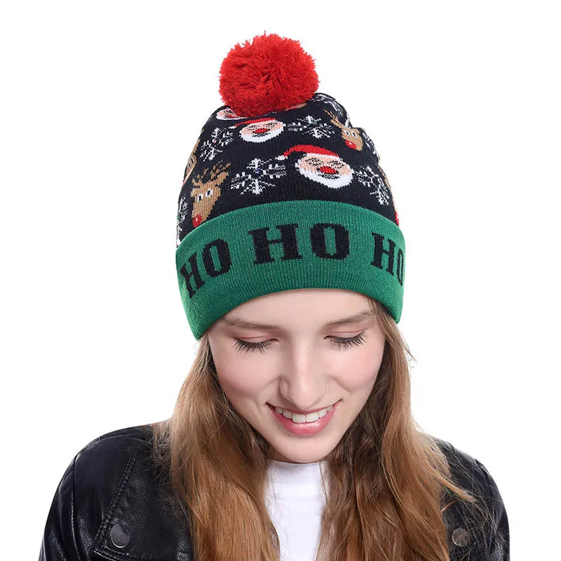 Novelty LED Christmas Knitted Hat Fashion Xmas Light-up Beanies Hats Outdoor Light Pompon Ball Ski Cap W91219