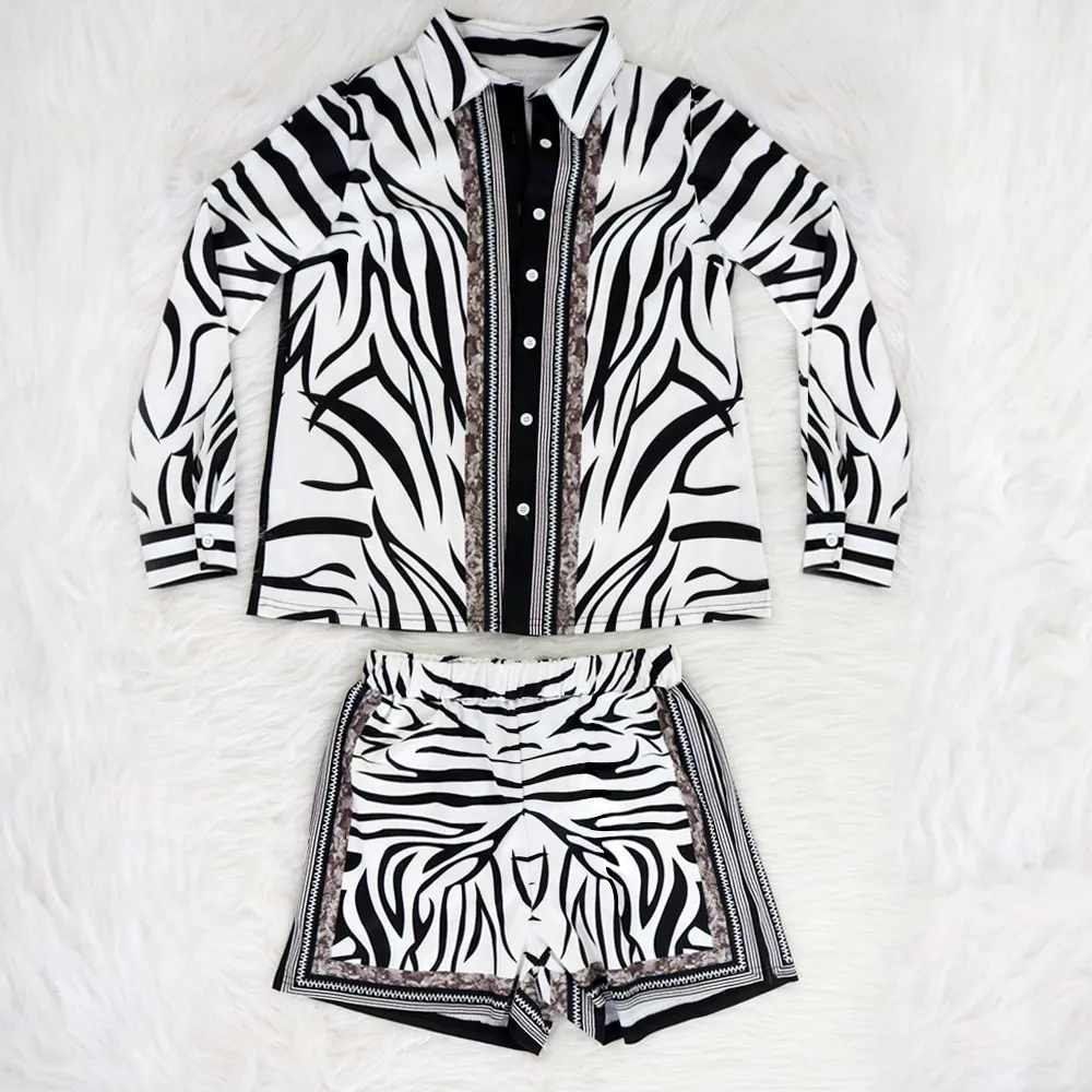 Frauen Zebra-Print Zwei Stück Set Casual Geknöpft Weibliches Hemd Zipper Shorts Mode Vintage Umlegekragen Bluse Mini Shorts t200702