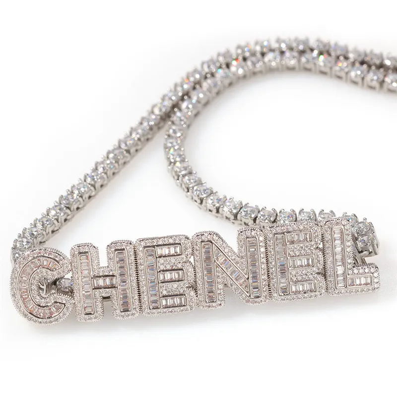 Hip Hop Custom Имя CZ Письмое подвесное ожерелье 4 мм 20 дюйма CZ Теннисная цепная ожерелье Золотое серебро серебряное цирконие