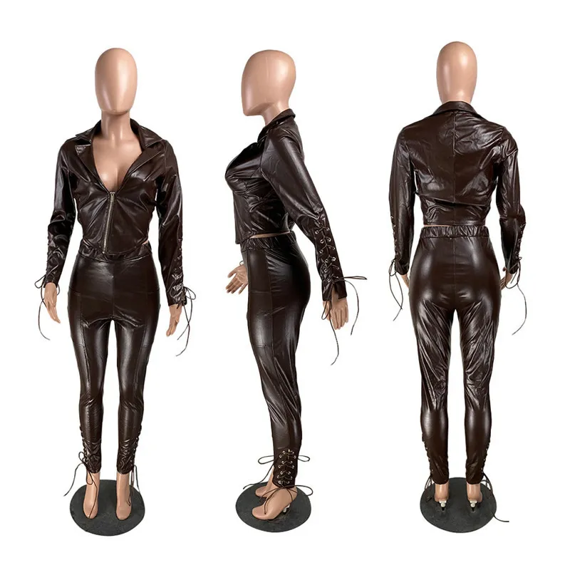 Två stycken set outfits för kvinnor vinterkläder PU läderbandage Zip Top Leggings Pants Matchande set grossist dropshipping f1216