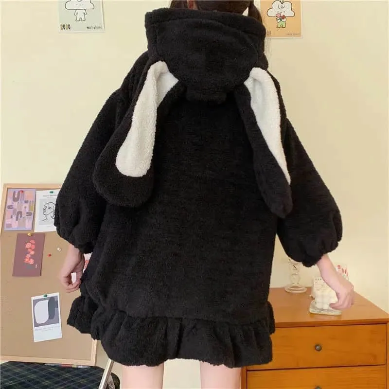 2021 Outono Modelos de inverno Novos hoodies casaco japonês japonês coelho orelhas de coelho cordeiro selvagem mais veludo grosso pelúcia mulheres kawaii roupas q0116