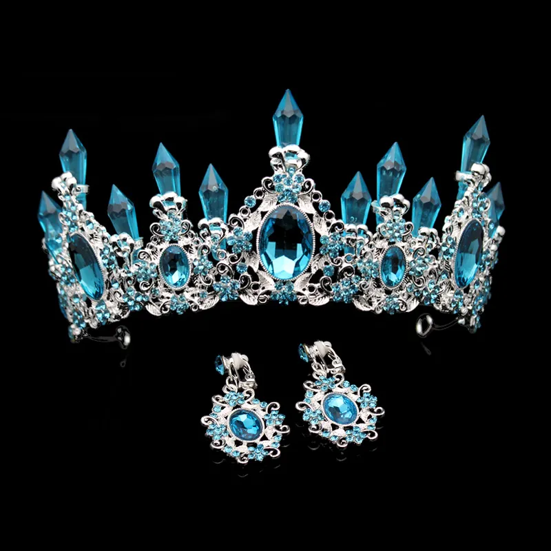 Мода красоты неба голубой кристалл свадебная корона и тиара большие горный хрусталь королева конкурентные коронки повязки для волос невесты J0113