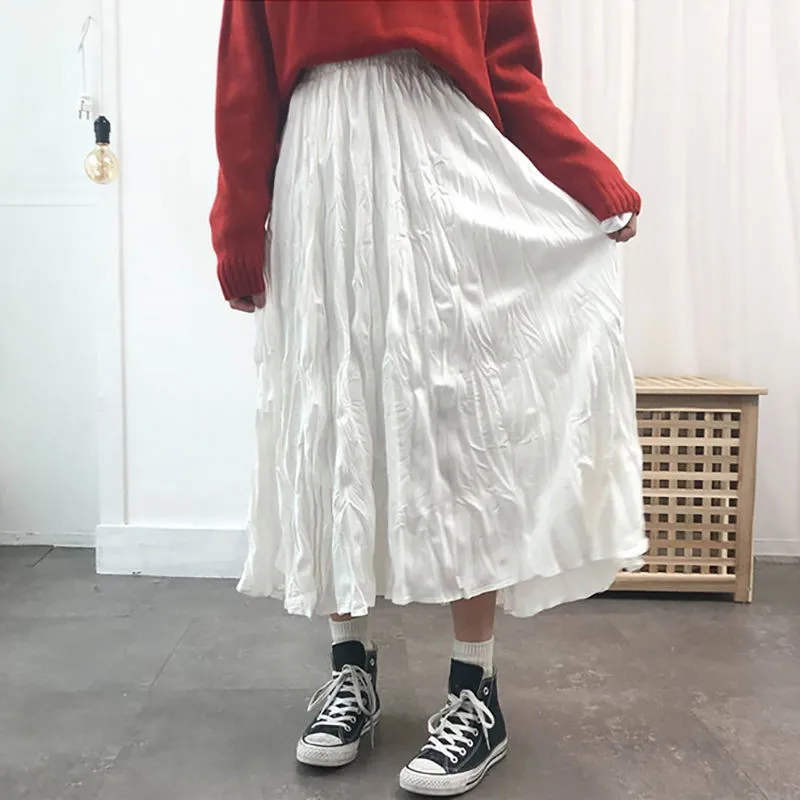 Été solide blanc noir gothique jupes plissées femmes harajuku taille haute jupe longue plus la taille satin jupe midi streetwear 201110