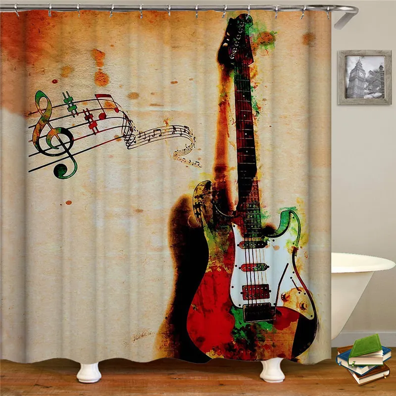 Moderner Retro-Gitarrenmusik-Duschvorhang, Badezimmer-Vorhang, hochwertiger wasserdichter Bad-Bildschirm, Heimdekoration, Duschvorhang T200711