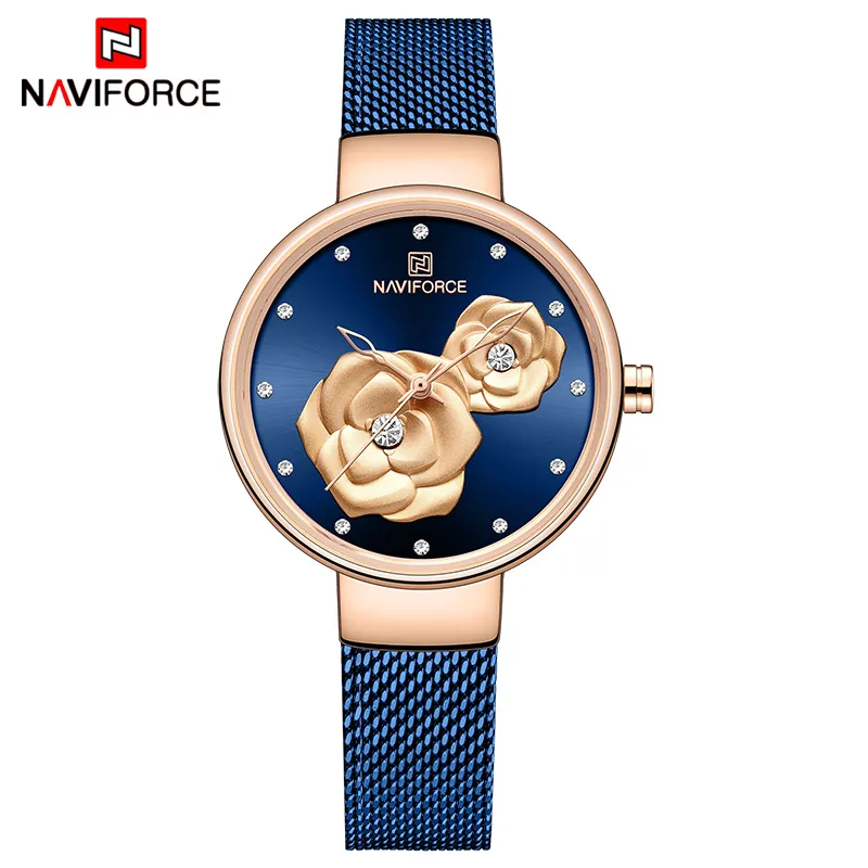 NAVIFORCE Dameshorloge Topmerk Rose Goud Blauw Quartz Dameshorloges Stalen gaas Waterdicht horloge voor meisje Relogio Feminino 20268c