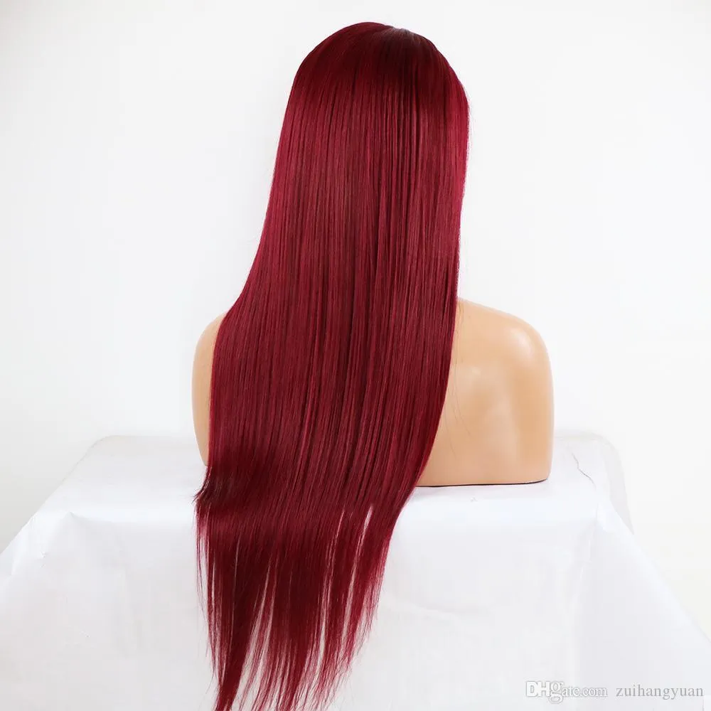 Rote Farbe Brasilianer Remy Hairglueless Long Straight 99J 13x4 Spitzenfront menschliche Haar Perücke vorgezogen mit Babyhaare1122243