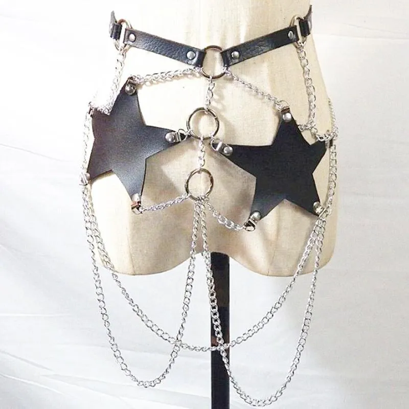 Vintage femmes Sexy jarretière en cuir ceinture corps Bondage harnais en cuir avec chaîne Corset taille ceinture sangles bretelles accessoires 180x