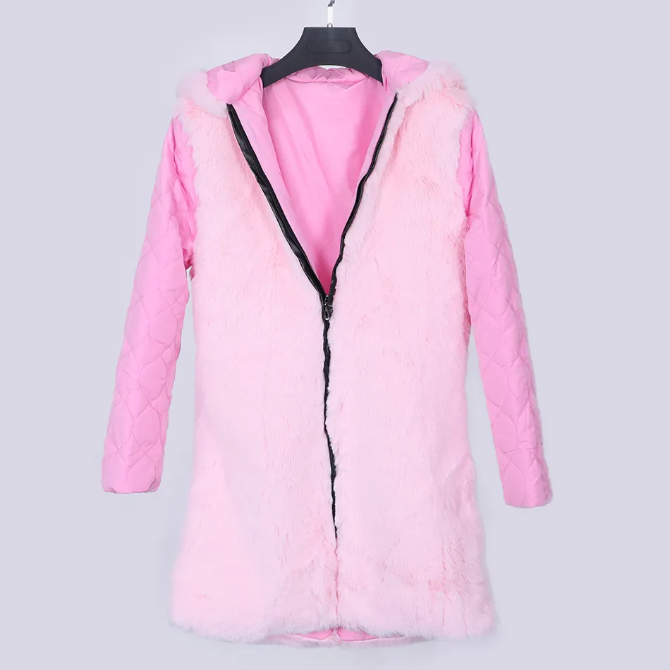 MAOMAOKONG winter women long coats with Pink real fur coat natural raccoon fur collar long parkas warm jacket women 201125