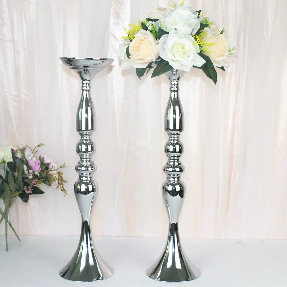 10st Silver Metal Candle Holders Flower Vases Candlestick Wedding Table Centerpieces Event Road Party Candle Stands Rack Y200110