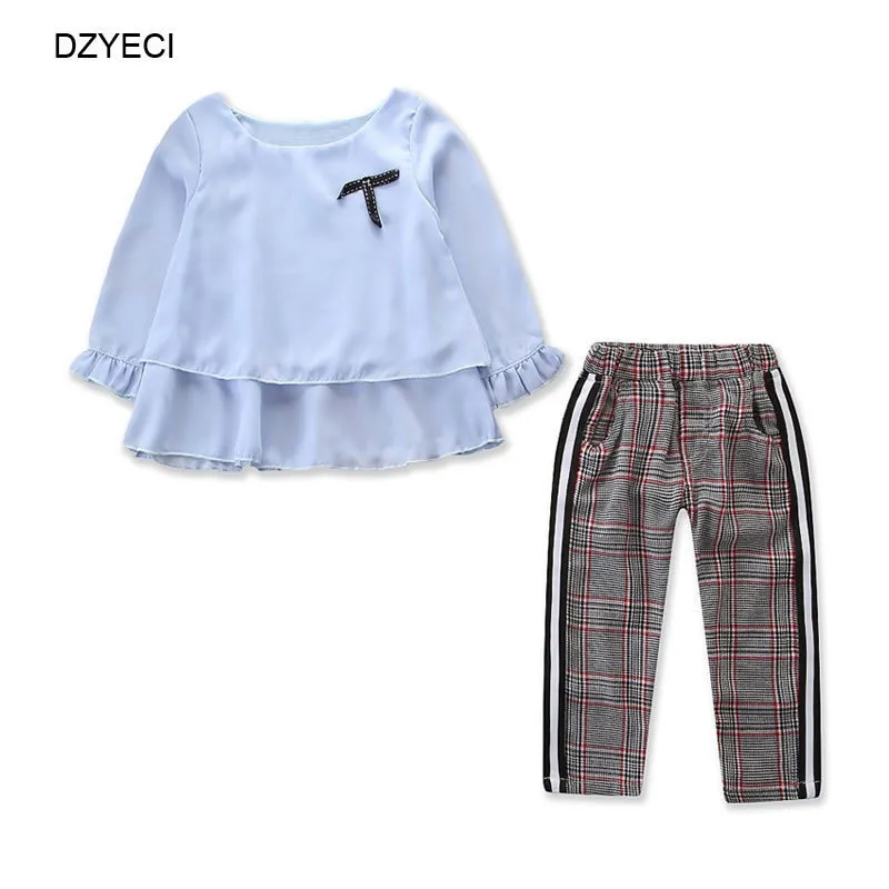 DZYECI Little Baby Girl Set Boutique Outfit Pour Enfant Bow Ruffle T Shirt Top + Plaid Pantalon Costume Enfant Retour À L'école Survêtement 201031