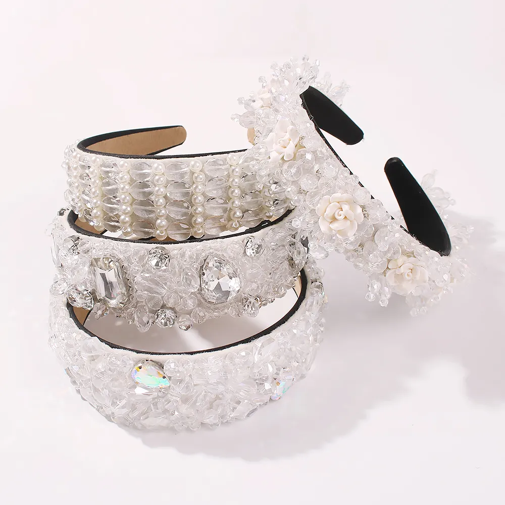 Weißes Kristall-Stirnband für Damen, Strass-Haarband, Imitationsperle, breites Haarband, Brautparty, Hochzeit, weibliches Haar-Accessoire J0113