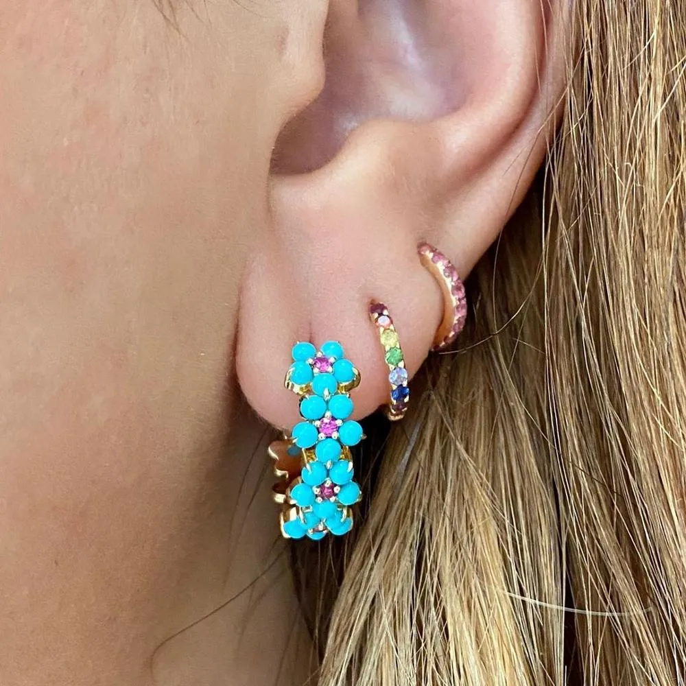Boucles d'oreilles en forme de cerceau pour femmes, bijoux couleur or, ensemble de broches, pierre turquoise bleue, fleur, nouvelle mode printemps 2021