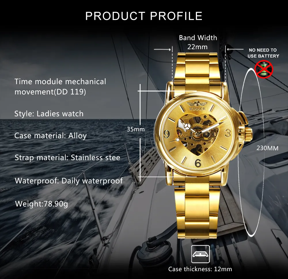 ПОБЕДИТЕЛЬ Официальные роскошные женские часы Автоматические механические золотые сердечки со скелетонизированным циферблатом из нержавеющей стали Элегантные женские часы 201304S