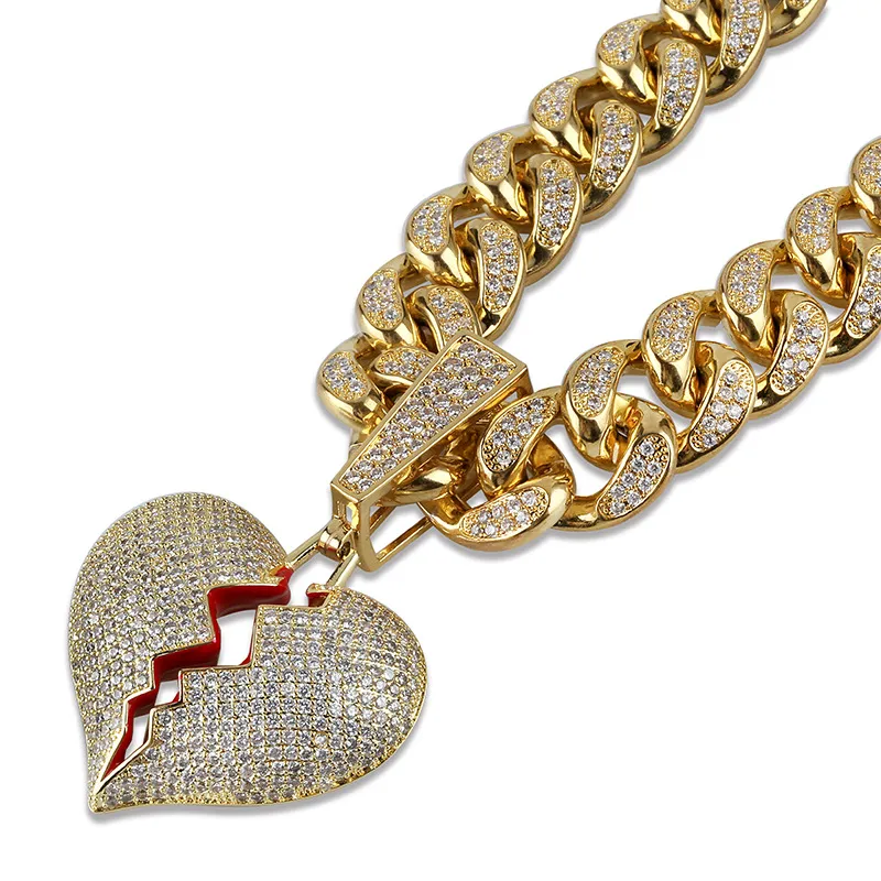 Hip Hop Jewelry Designer Necklace Iced Out Pendant Cuban Link Chain Gold Diamond Break Heart Pendants Luxury Bling Charm Rapper Me273u