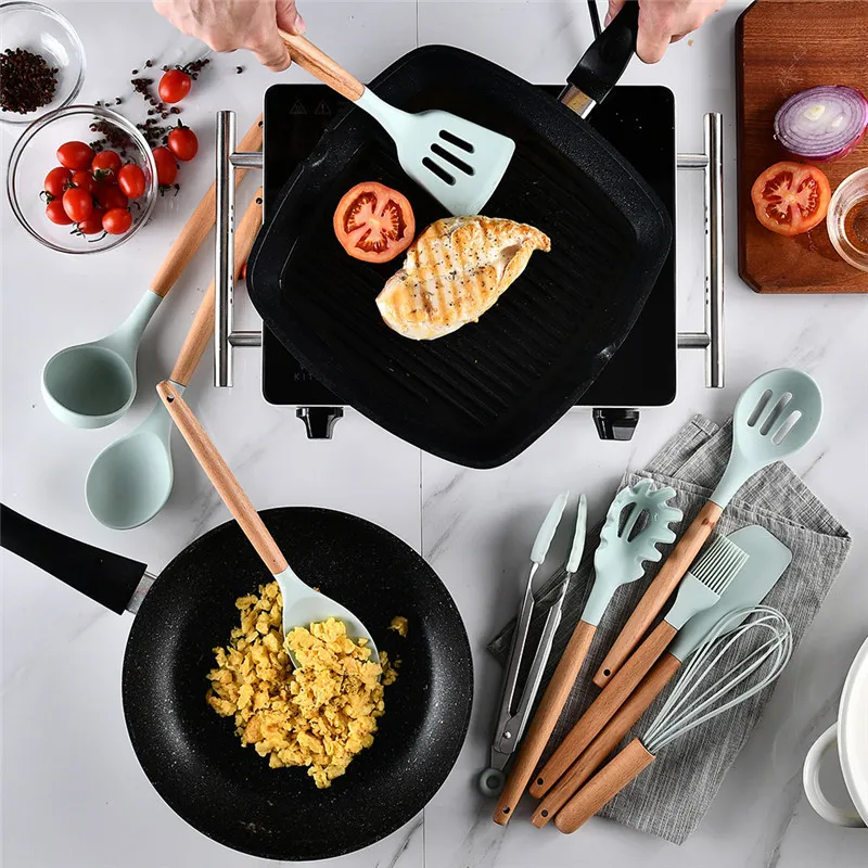 Yeni silikon pişirme aletleri set yapışmaz spatula kürek ahşap kolu pişirme aletleri set saklama kutusu t200415 ile mutfak aletleri