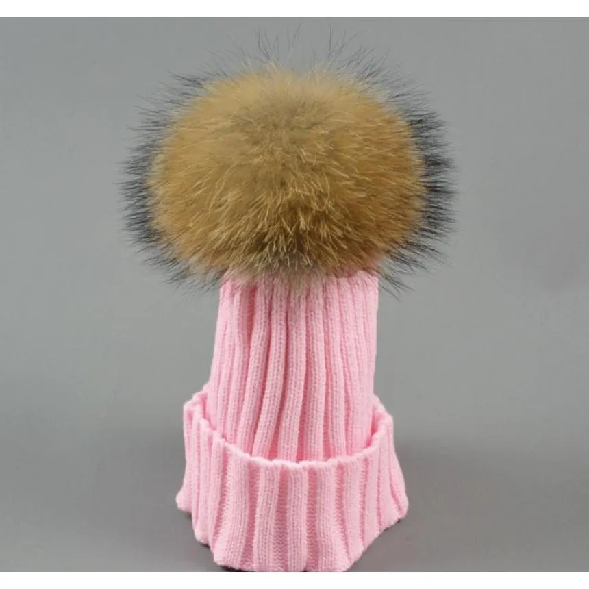 Designer dames tricoté bonnets de côtes avec de vrais raton laveur boule de poils de chien enfants fantaisie plaine fourrure Pom chapeaux d'hiver femmes K wmtuAT Lucky273u