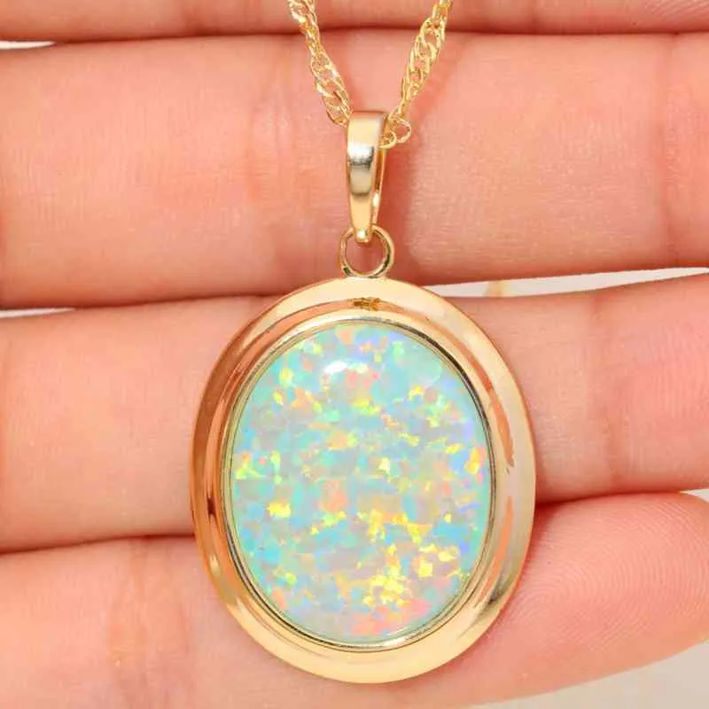 Cinily Green Blue Fire Opal Stone Halsband hängar gula guldfärg oval dingle charm lyxig stor vintage smycken kvinna238e