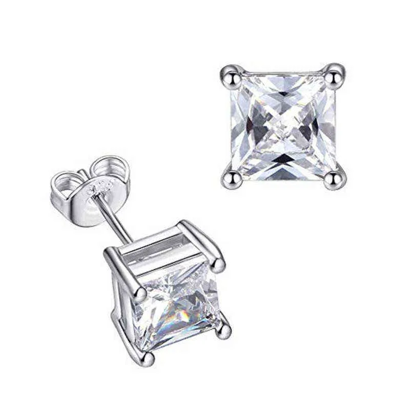 100% Stud Earrings Princess Cut Ear Studs Solid Silver VVS Diamond Earring For Women Men Wedding Jewelry 220125