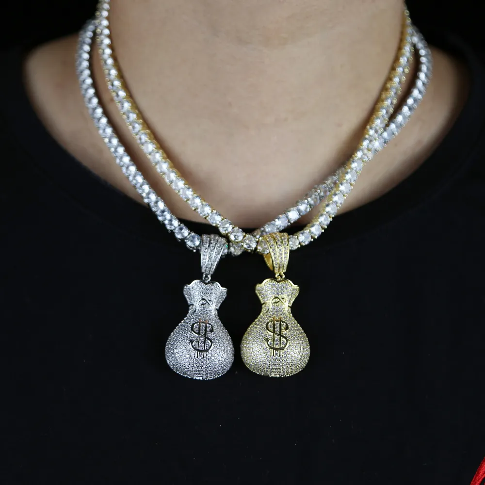 Полный микро проложенный кубический цирконий CZ Iced Out доллар мешок денег кулон хип-хоп женское ожерелье с теннисной коробкой Chain2978737