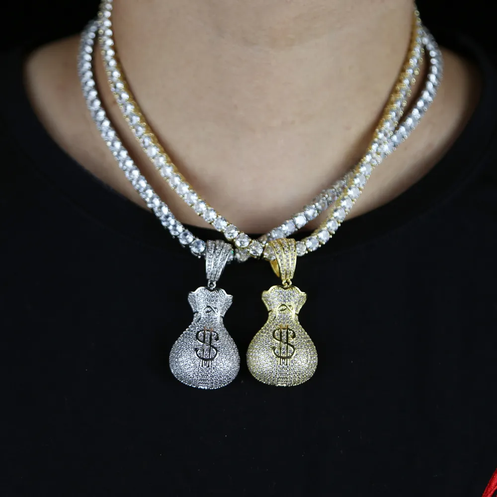 Full Micro Paled Cubic Zirconia CZ Iced Out Dollar Money Bag Pendant Hip Hop Women Necklace With Tennis Box Chain294s