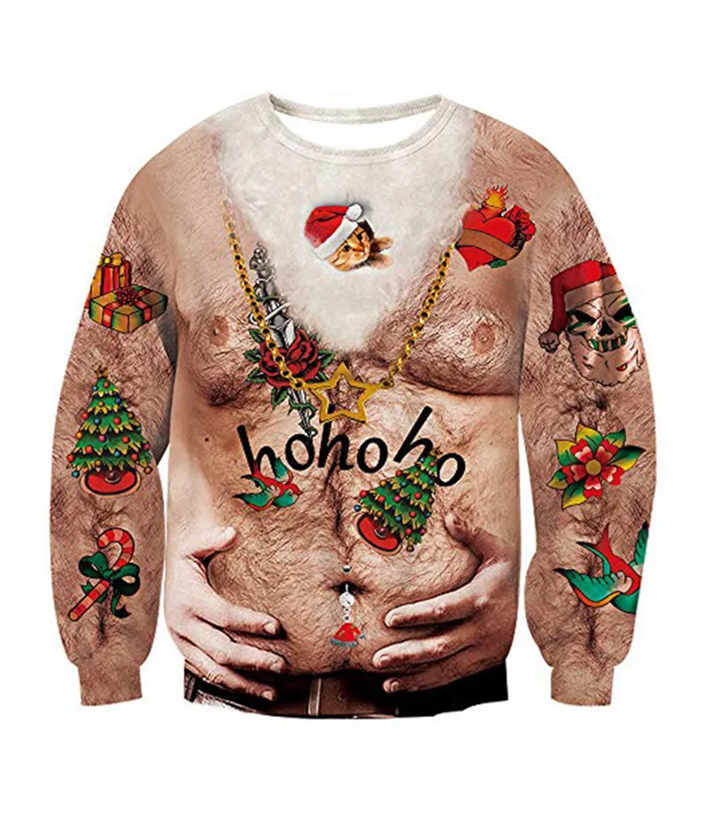Unisexe Spoof Ugly Christmas Sweater Vacances Santa Elf Funny Noël Faux cheveux Jumper Holiday Party Sweat à capuche Tops 201123