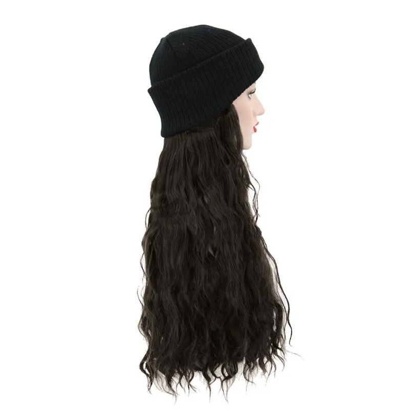 Chapéus de borda larga sintético longo encaracolado malha esqui inverno com peruca de cabelo gorro anexado chapéu para menina sair algodão natural feito #12265B