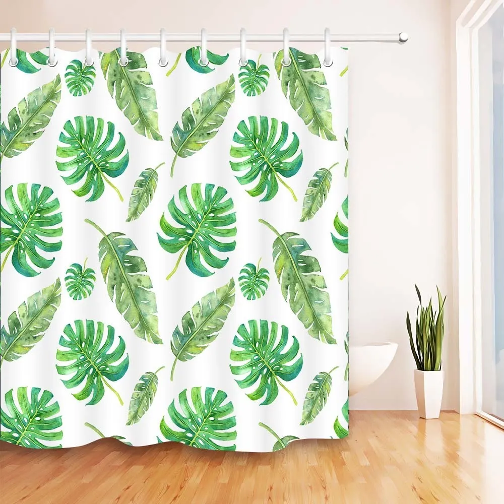Green Leaves White Shower Curtain Tropical Jungle Bathroom Nature Waterproof Mildew Resistant Polyester Fabric For Bathtub Decor 29838001