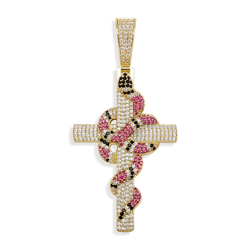 Snake Cross Pendant Real Gold Electropaté plein de collier de diamant Iced Out Iced Out Bijoux Hip Hop 2712