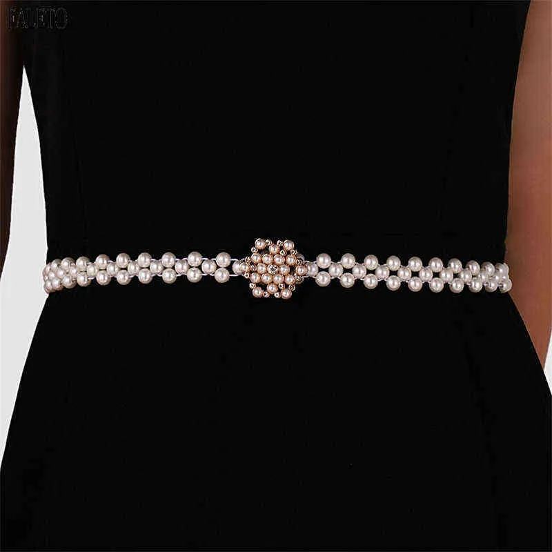 Faleto Women Pearl Waist Belt Elastic Wedding Bridal Belt with Rhinestone Crystal Sash Bridesmaid Dress Belt Elegant Waistband G220301