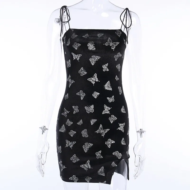 BOOFEENAA Silver Butterfly Print Black Velvet Sexy Slit Bodycon Mini Dress Women 2020 Gothic Party Night Club Dresses C80-I67 T200623