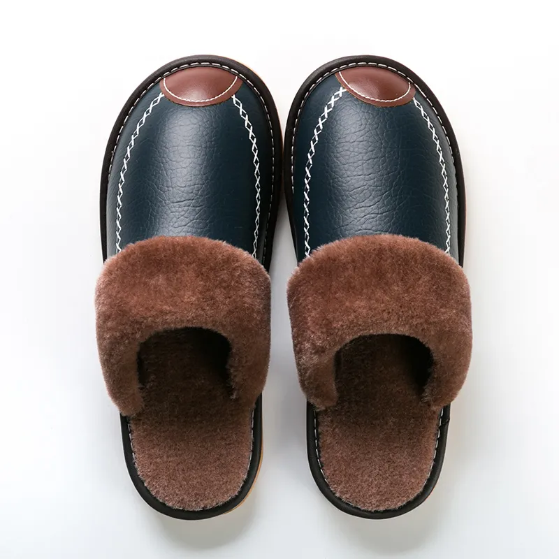 Hommes Hiver En Cuir Pantoufles Chambre Coton Pantoufles Mâle Étanche Épais Plus Velours Intérieur Chaud Maison Maison Pantoufles Chaussures 201023