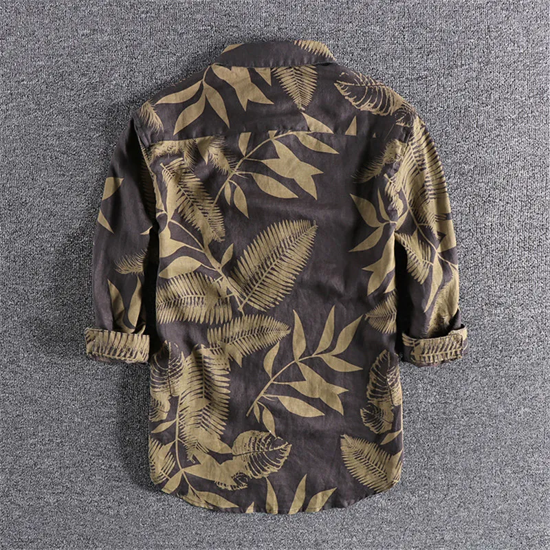 Japonais Harajuku 100% lin feuilles imprimer Vintage trois quarts manches chemise boutonnée pour hommes grande taille C1212